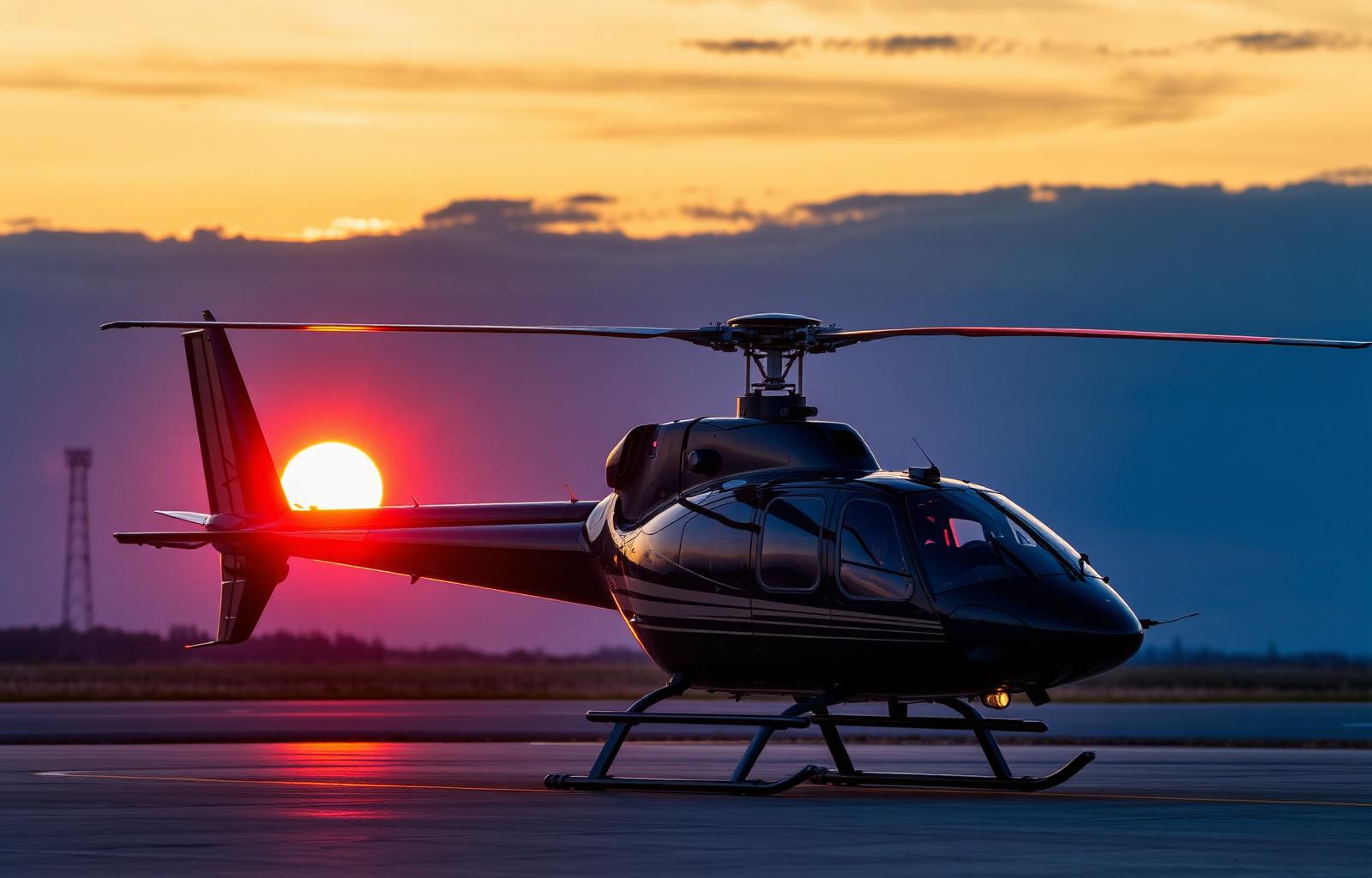 Helikopter på tarmac vid solnedgång